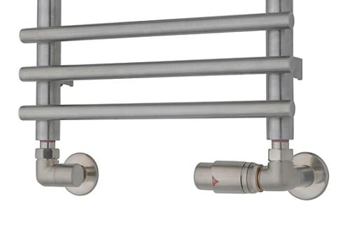 TVS Ventils&aelig;t type 220 m/returtermostat, h&oslash;jre, vinkell&oslash;bende - B&oslash;rstet rustfrit st&aring;l