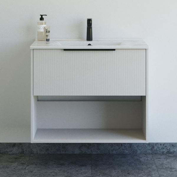 Dansani Mido+ Classic 81 m&oslash;bels&aelig;t m/Amber vask, 1 skuffe og &aring;bent rum - Striber/mat sand