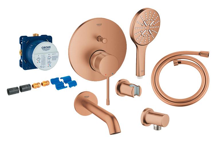 Grohe Essence komplet indbygningspakke til badekar m/SmartActive h&aring;ndbruser - B&oslash;rstet warm sunset