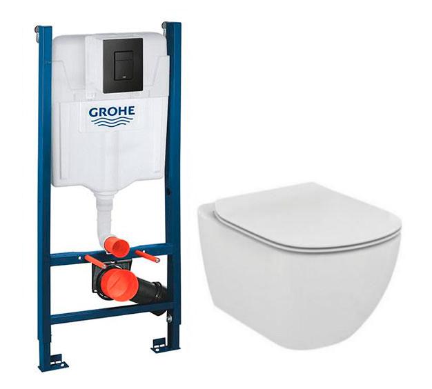 Ideal Standard Tesi RIMless+ toiletpakke inkl. s&aelig;de m/softclose, cisterne og sort betjening