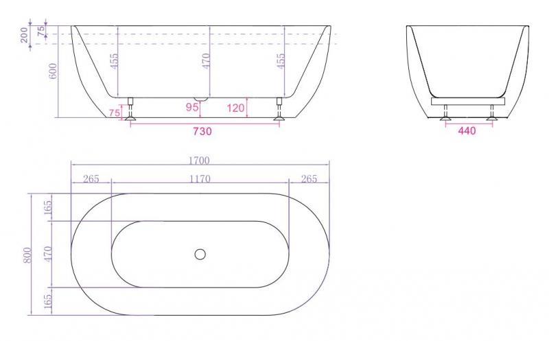 Ideavit Thalia fritst&aring;ende badekar 1700 x 600 mm - Mat hvid