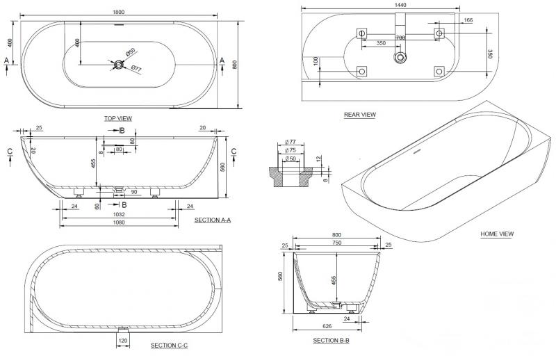 Ideavit Solidnova badekar t/hj&oslash;rne 1800 x 800 mm - H&oslash;jre - Mat hvid