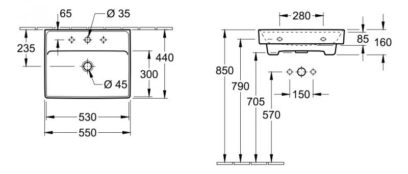 V&B Collaro 55 h&aring;ndvask t/v&aelig;g - 1/3 hanehuller