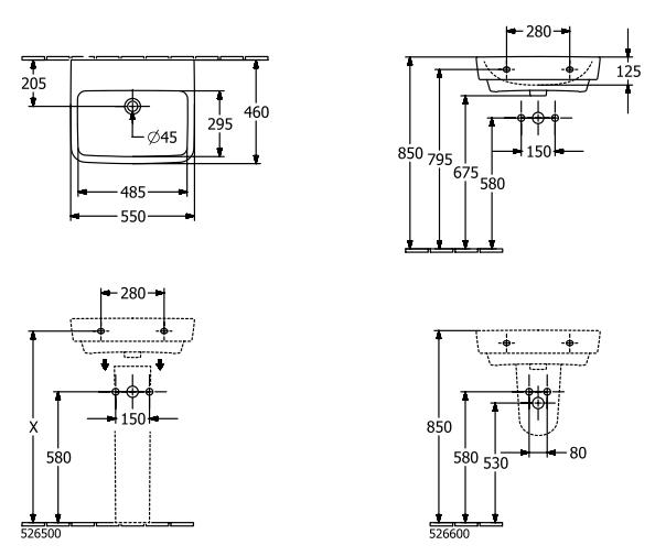 Villeroy & Boch O.novo 55 h&aring;ndvask t/v&aelig;g - Med overl&oslash;b - Uden hanehul