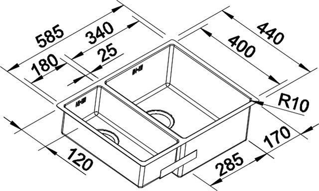 Blanco Claron 340/180-U k&oslash;kkenvask - Venstrevendt - Rustfrit st&aring;l