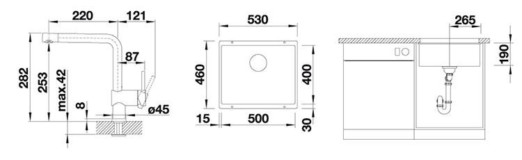Blanco Subline 500-U k&oslash;kkenvask m/Linus k&oslash;kkenarmatur - Vulkangr&aring;