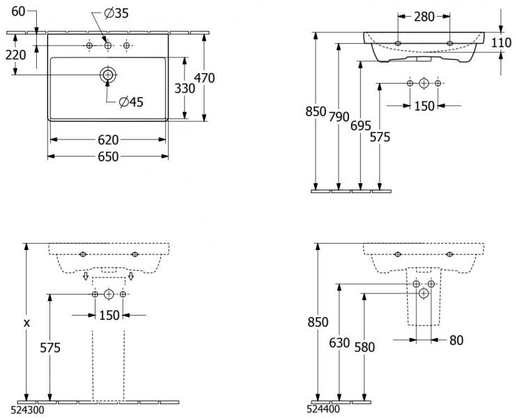 V&B Avento 65 h&aring;ndvask t/v&aelig;g - 1/3 hanehuller