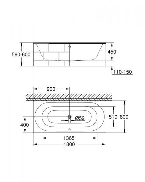 Grohe Essence badekar t/indbygning - 180 x 80 - 2 rygl&aelig;n