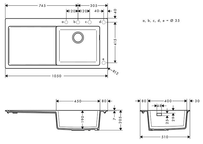 hansgrohe S514-F450 k&oslash;kkenvask m/afl&oslash;bsbakke - Vask til h&oslash;jre - Graphite black