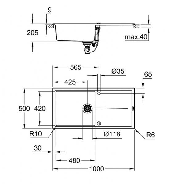 Grohe K400 k&oslash;kkenvask i komposit 60 m/afl&oslash;bsbakke - Sort granit