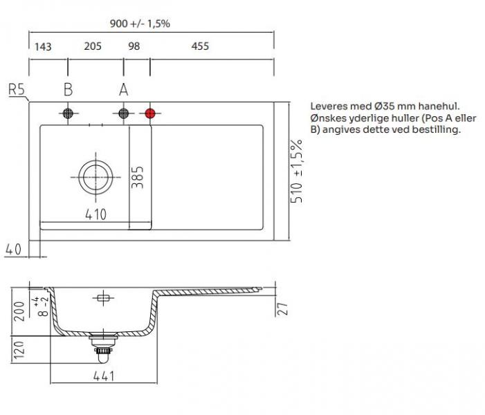 Lavabo Mera 90 porcel&aelig;nsk&oslash;kkenvask - Vask til venstre/krom afl&oslash;b