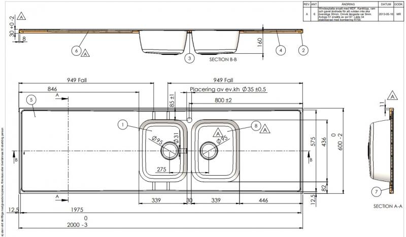 Intra AH20-KV st&aring;lbordplade k&oslash;kkenvask - Vendbar - Dobbelt - 200 cm