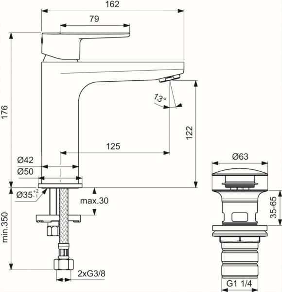 Ideal Standard Cerafine O h&aring;ndvaskarmatur m/pushopen bundventil - Silver