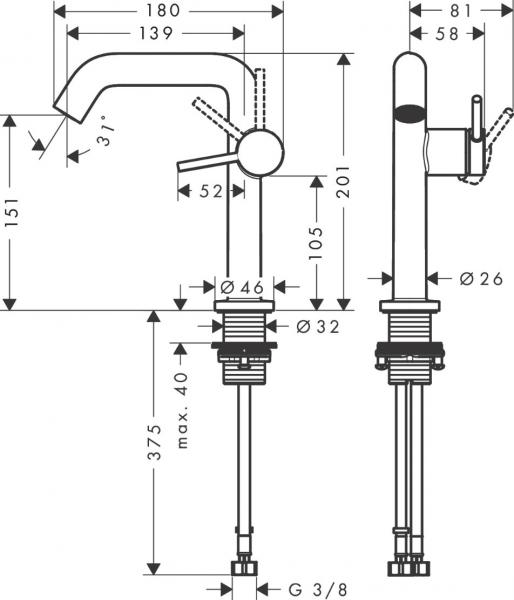 Hansgrohe Tecturis S 150 Fine h&aring;ndvaskarmatur m/CoolStart - Krom