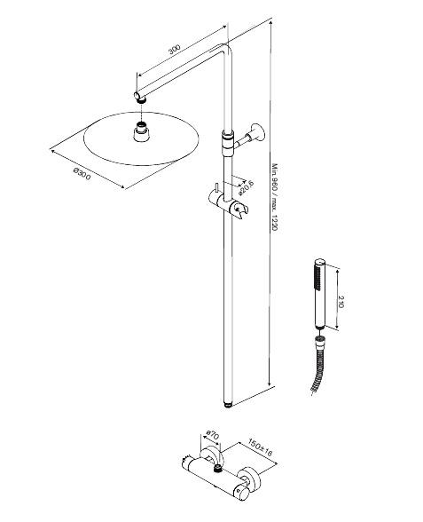 Damixa Iris 300 komplet brusesystem m/termostat - Krom