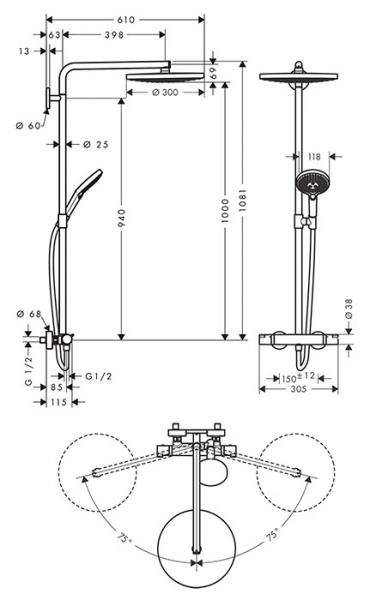 hansgrohe Raindance Select S 300 2jet Showerpipe m/termostat - Krom