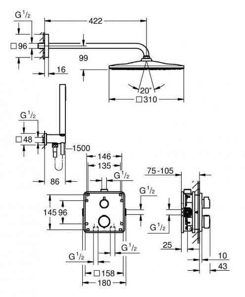 Grohe Precision Vitalio Rain Cube 310 komplet brusesystem t/indbygning - Mat sort