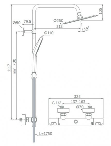 Ideal Standard T50 Idealrain komplet brusesystem &Oslash;250 - Krom