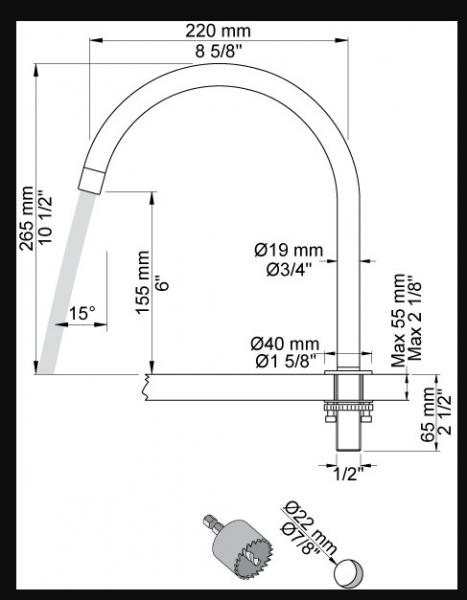 Vola Svingbar tud 090HP - 220 mm - Krom