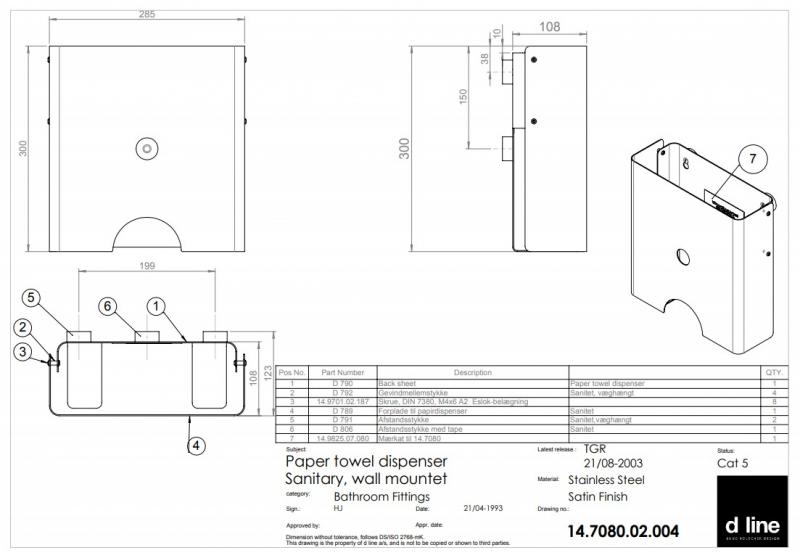 d line papirdispenser - V&aelig;gmonteret - Slebet rustfrit st&aring;l