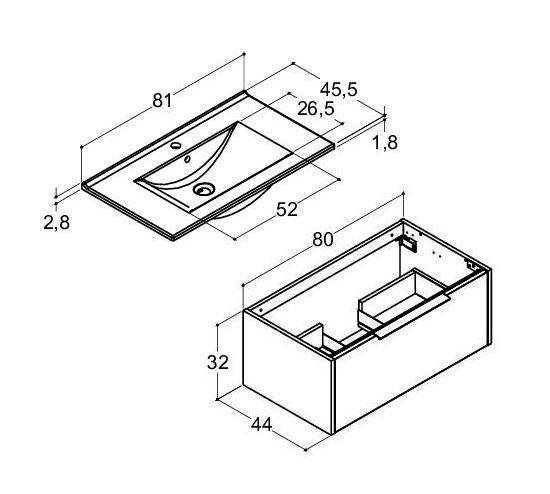 Dansani Mido+ Classic 81 m&oslash;bels&aelig;t m/Amber vask og 1 skuffe - Mat hvid