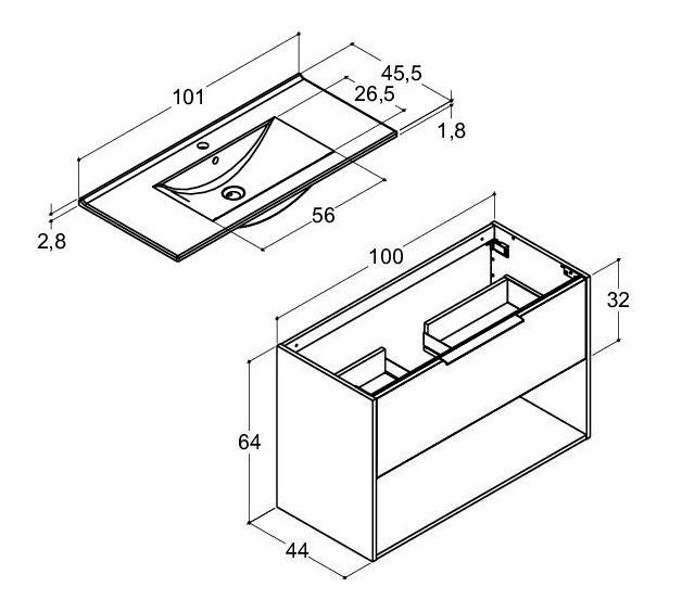 Dansani Mido+ Classic 101 m&oslash;bels&aelig;t m/Amber vask, 1 skuffe og &aring;bent rum - Mat lysebl&aring;