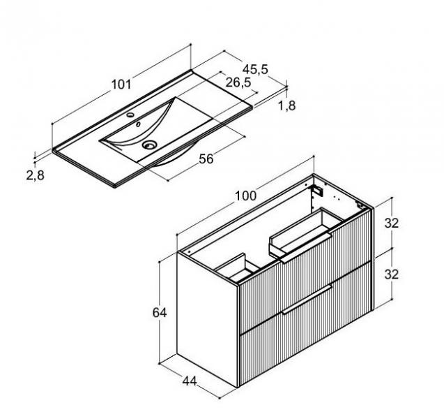 Dansani Mido+ Classic 101 m&oslash;bels&aelig;t m/Amber vask, 1 skuffe og &aring;bent rum - Striber/mat sand