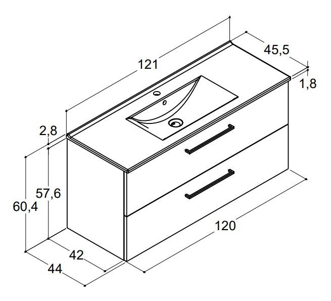 Dansani Mido+ 120 m&oslash;belpakke m/Amber vask og 2 skuffer - Varm eg