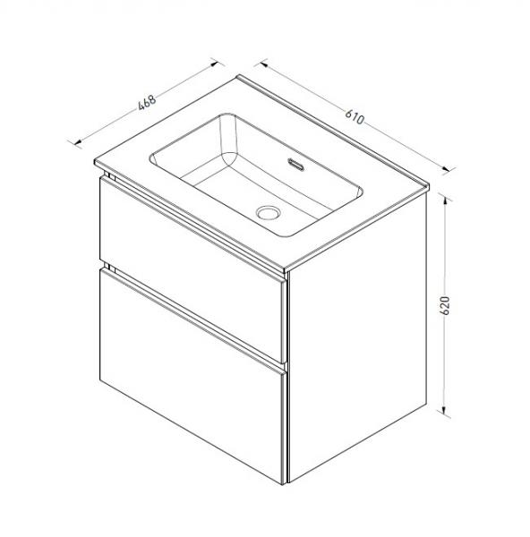 Sanibell Proline 60 m&oslash;bels&aelig;t m/2 asymmetriske skuffer - Uden hanehul - Sort eg