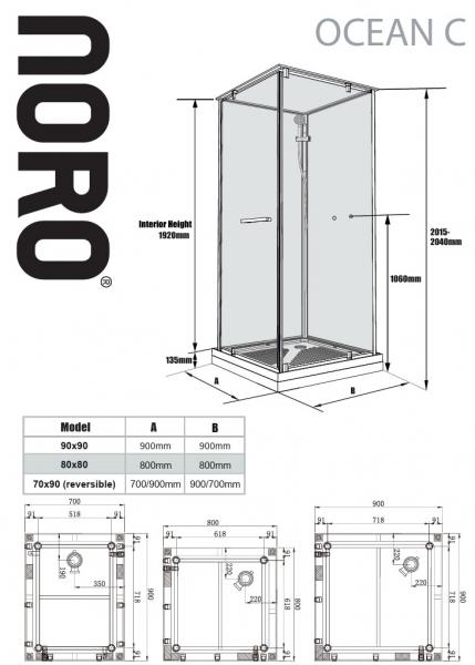 Noro Ocean brusekabine 80x80 firkantet - Hvid