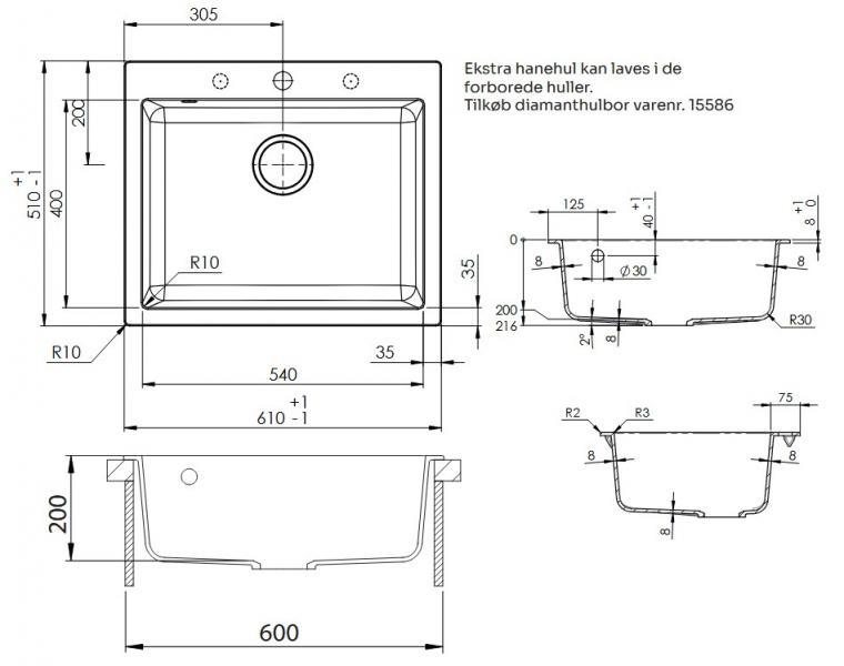 Lavabo Studio 60 k&oslash;kkenvask m/Kubus RS k&oslash;kkenarmatur - Sort