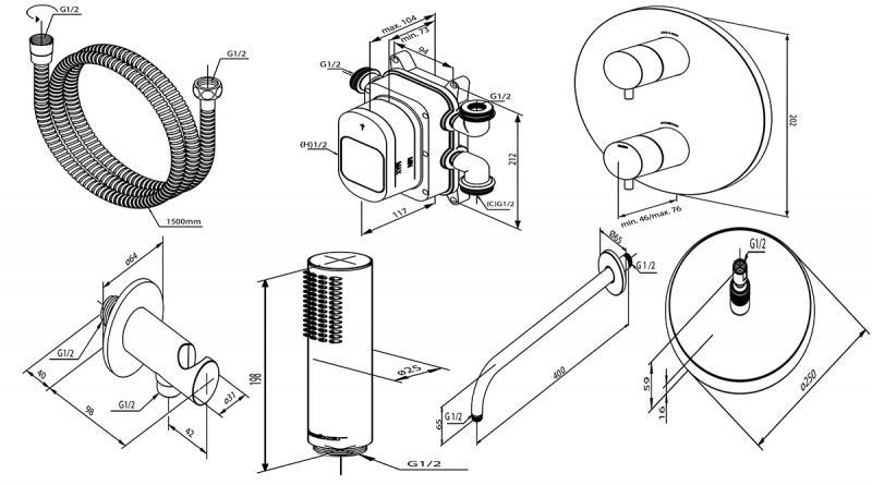 Damixa Silhouet komplet brusesystem til indbygning - B&oslash;rstet grafitgr&aring;