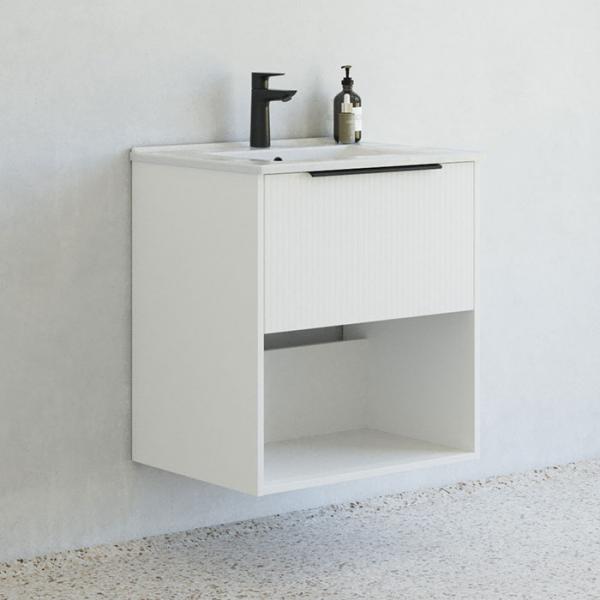 Dansani Mido+ Classic 61 m&oslash;bels&aelig;t m/Amber vask, 1 skuffe og &aring;bent rum - Striber/mat hvid